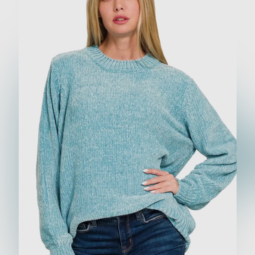 NWT Round neck balloon sleeve chenille sweater - Teal